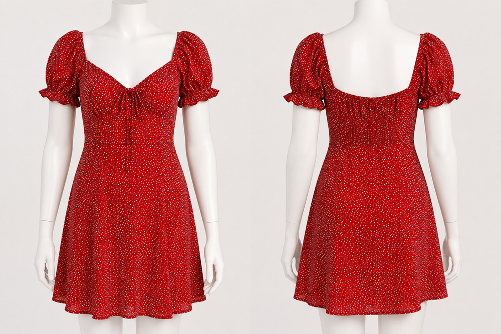 SHEIN Vacay Red Polka Dot Puff Sleeve Dress Women’s Size L EU 40/42, US 8/10 NWT